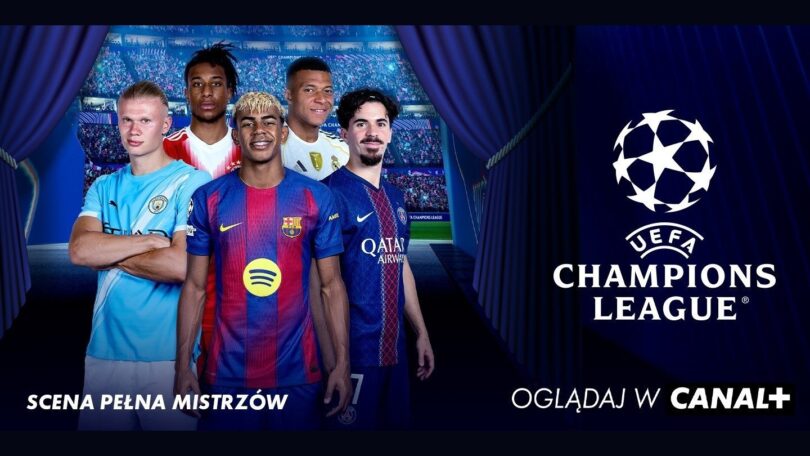 Piłkarze i logo UEFA Champions League z informacją o transmisjach w CANAL+