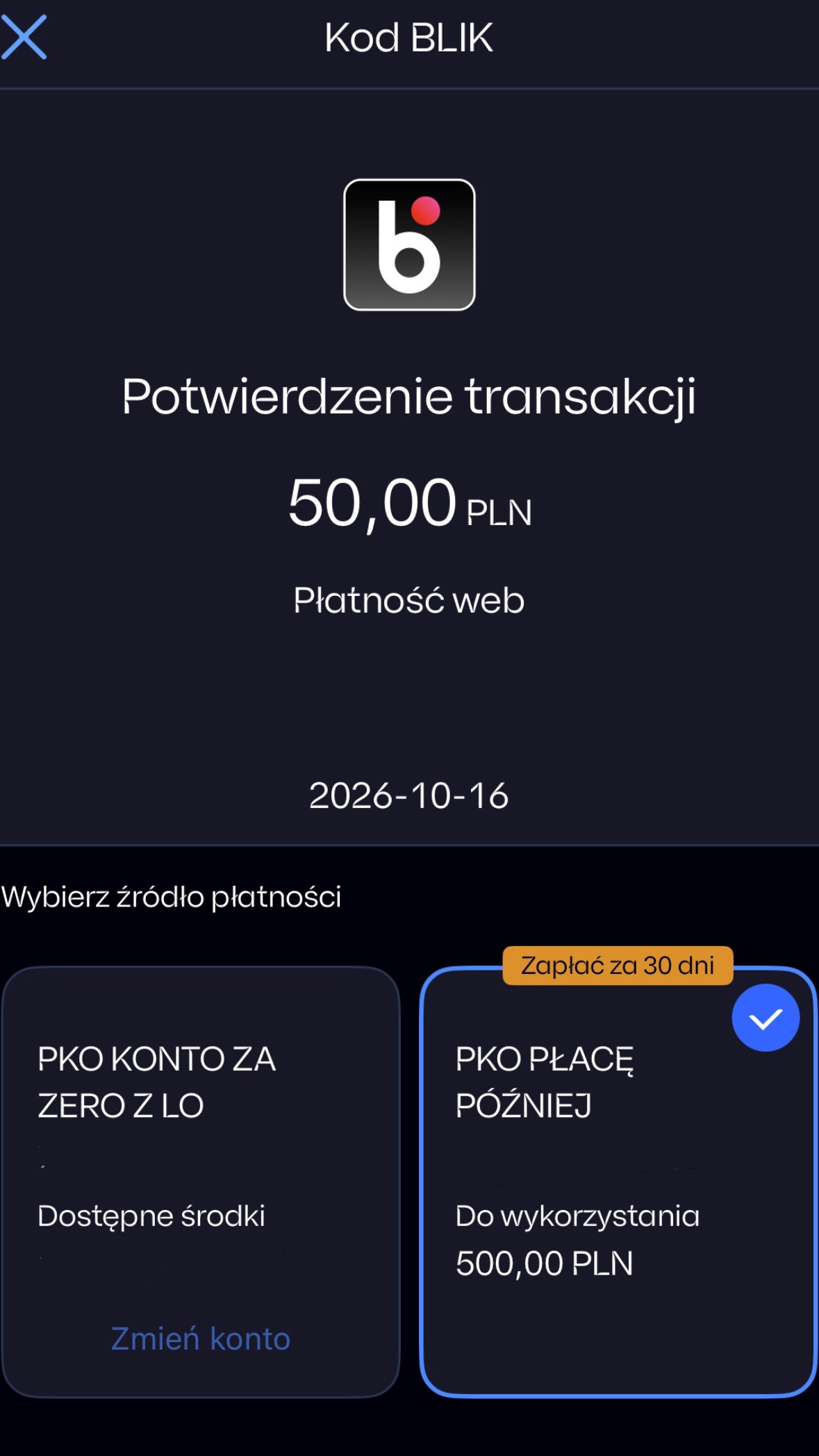 Opcja PKO Płacę później przy wpłacie 50 zł