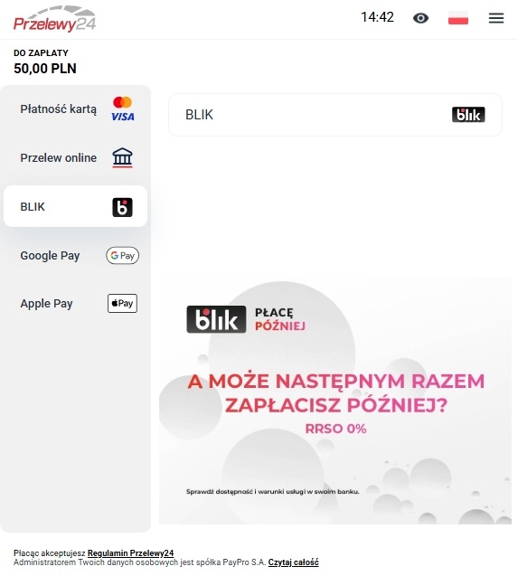 Reklama BLIK Płacę Później w panelu wpłaty